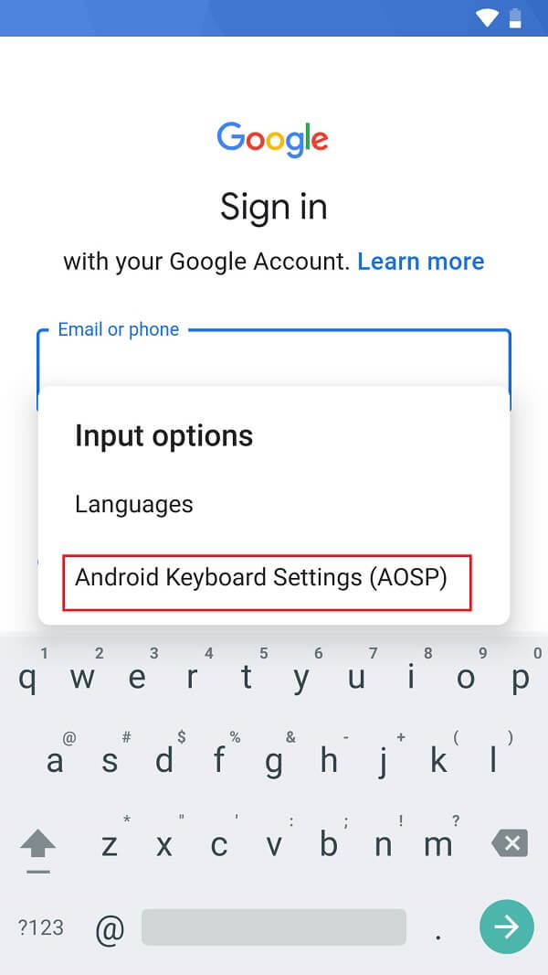 En la ventana emergente de opciones de entrada, toque 'Configuración de teclado de Android'.  | 