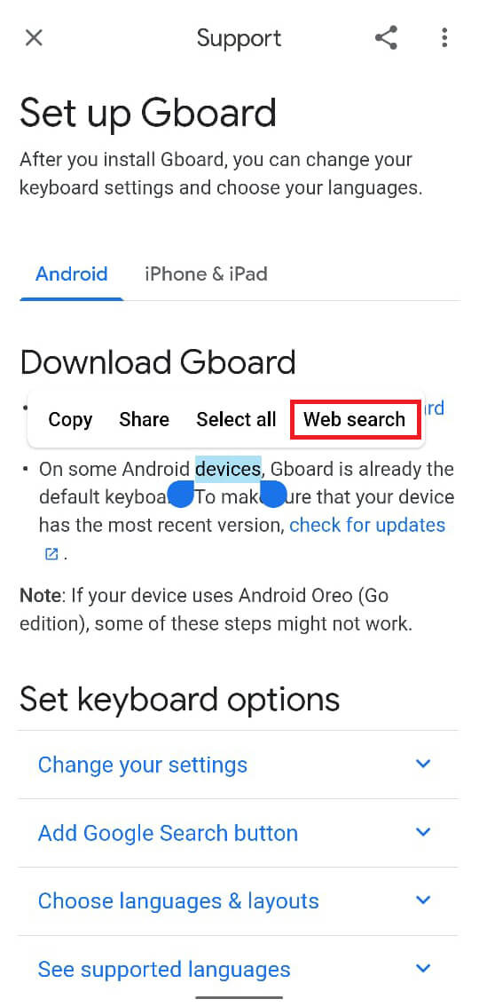 toca y mantén presionada una sola palabra hasta que se resalte.  De las opciones que aparecen sobre la palabra, toca 'Búsqueda web'.  |  Cómo restablecer Samsung Galaxy S8 sin una cuenta de Google