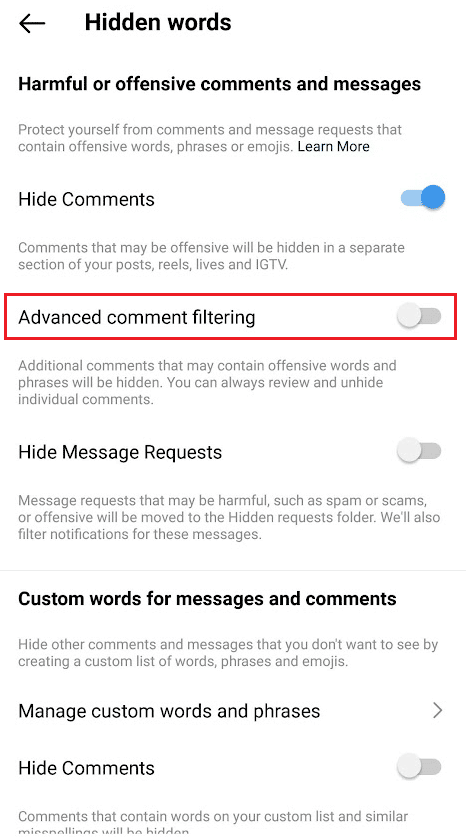 Active la palanca para Filtrado de comentarios avanzado |  Cómo ordenar los comentarios de Instagram 