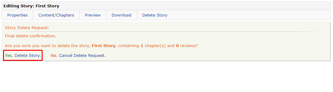 Para eliminar finalmente la historia de Fanfiction, haga clic en la opción Sí, eliminar historia. 