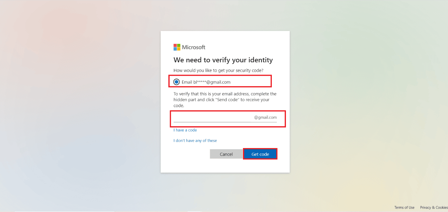 Elija la dirección de correo electrónico, ingrese el correo electrónico de recuperación y haga clic en Obtener código |  ¿Cómo recuperas tu antigua cuenta de Xbox One?