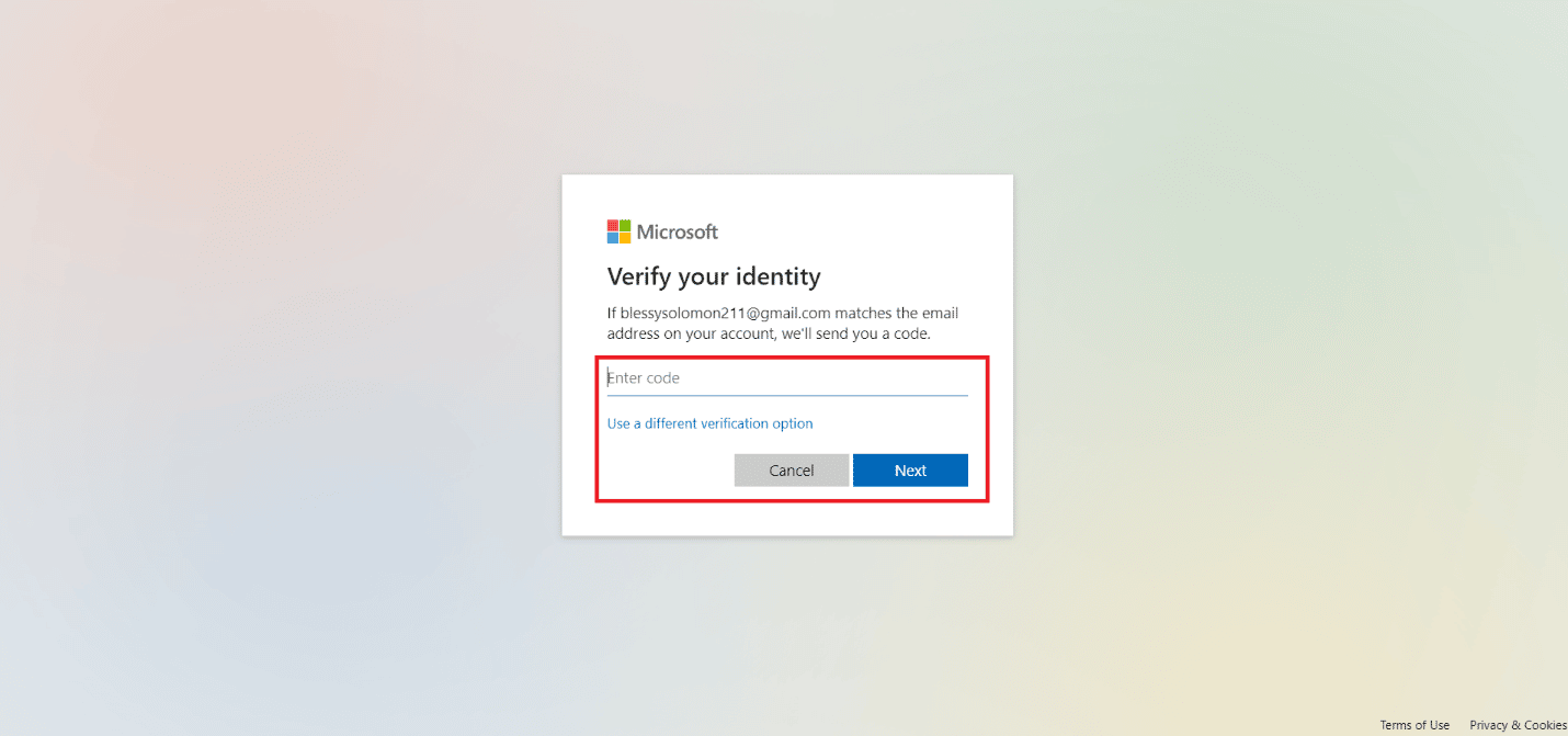 Ingrese el código de verificación enviado a su correo electrónico de recuperación y haga clic en Siguiente |  volver a conectar a Xbox Live