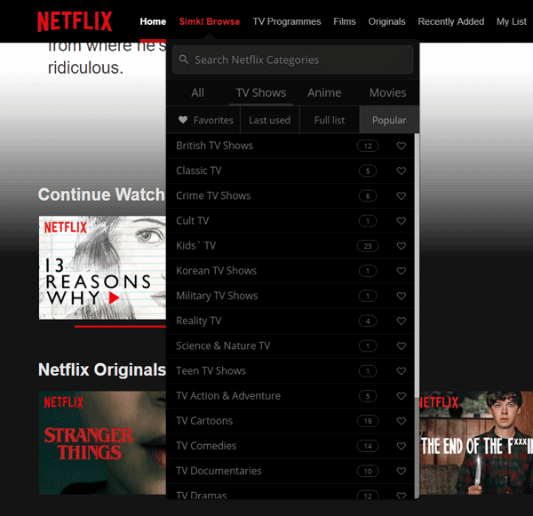 Encuentra categorías secretas para Netflix, películas y programas de televisión