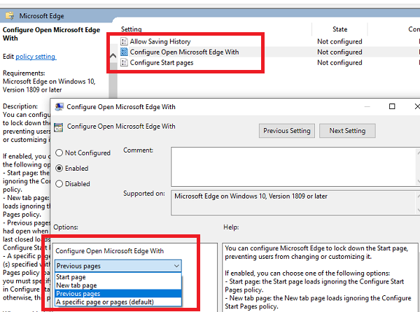 Configurar Microsoft Edge para que se abra en la página anterior