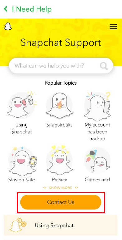 toque en Contáctenos. | ¿Qué es un portal de cuenta de Snapchat?