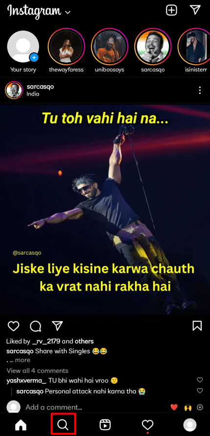   Toca el icono de la lupa que aparece en la parte inferior de tu pantalla de Instagram.  - ¿Cómo se restablecen los resultados de búsqueda de Instagram |  Cómo restablecer la página de exploración de Instagram |  eliminar la búsqueda predictiva en Instagram