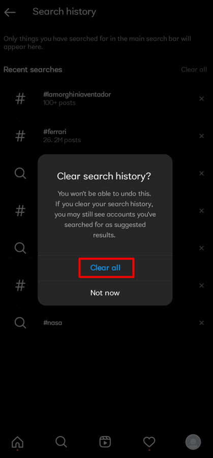 Para restablecer la página Explorar de Instagram, toque Borrar todo |  Cómo restablecer la página de exploración de Instagram