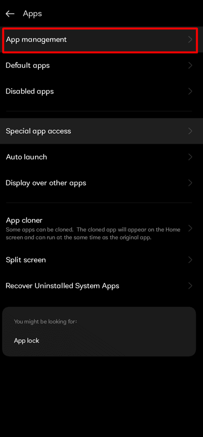 Elija Gestión de aplicaciones.  - eliminar la búsqueda predictiva en Instagram