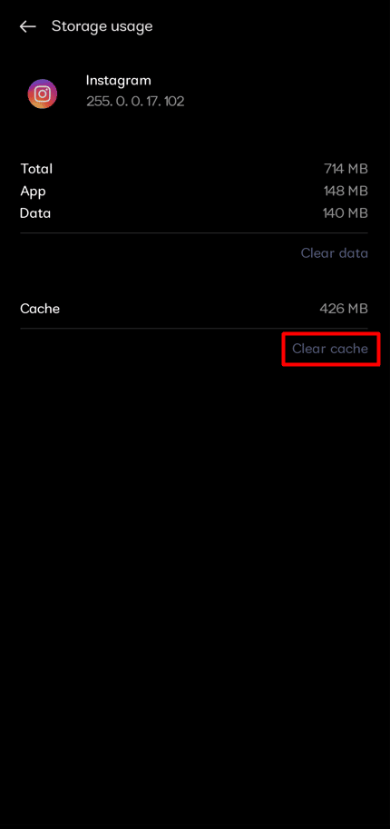 Toca Borrar caché para deshacerte de toda la información almacenada en caché.  - Limpia tu caché de Instagram.  6