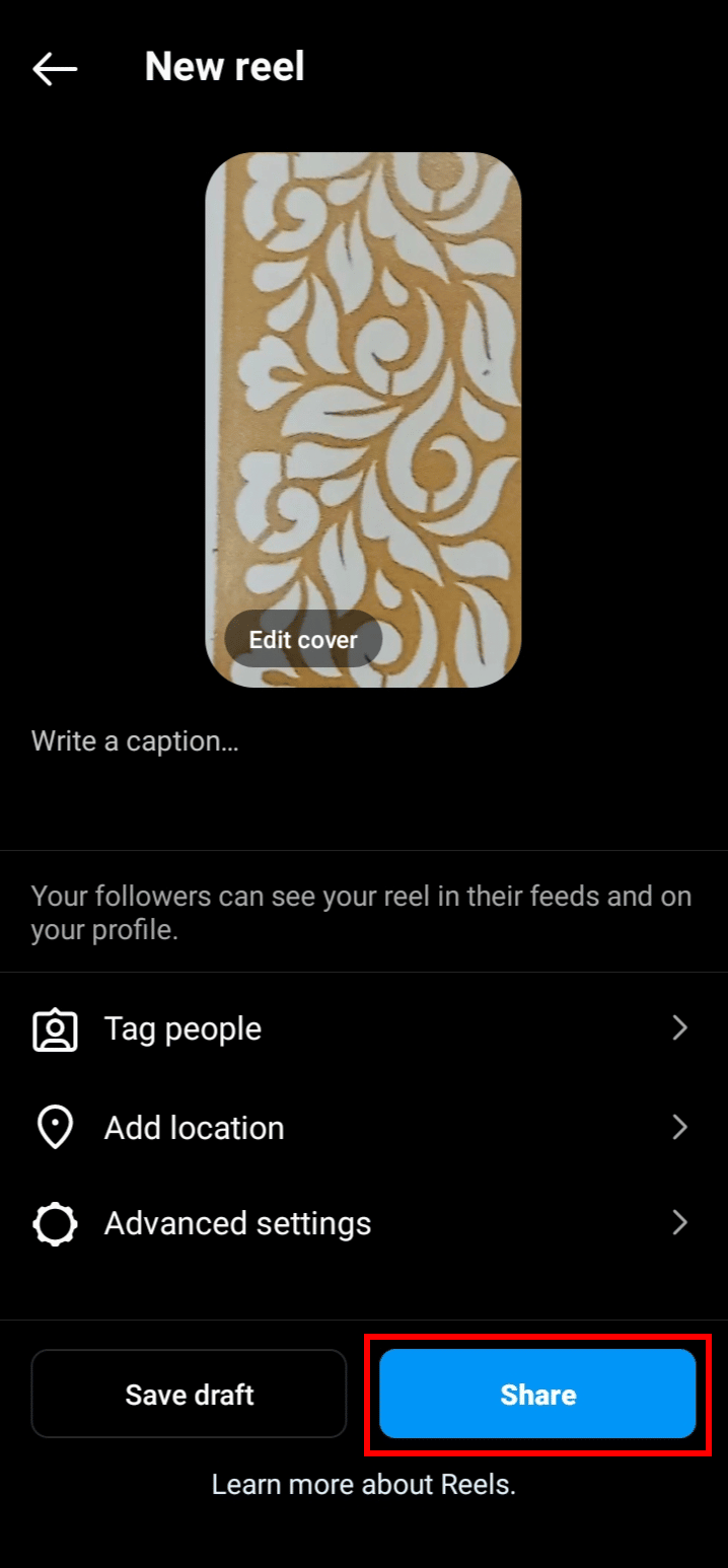 Toque el botón Compartir para publicar el Reel en Instagram. | | Cómo pausar carretes de Instagram