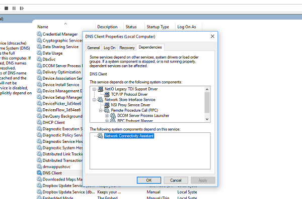 Dependencias de servicio de Windows 10