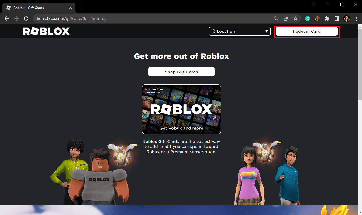 haga clic en el botón Canjear tarjeta.  Lista de códigos Robux no utilizados