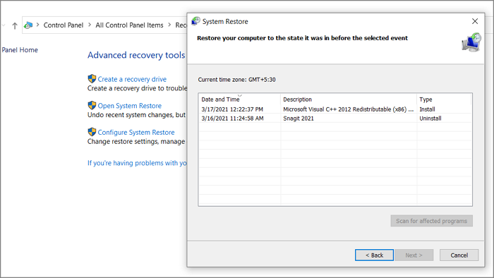 Abra la restauración del sistema de Windows 10