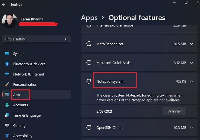 Cómo desinstalar el Bloc de notas en Windows 11 usando funciones opcionales