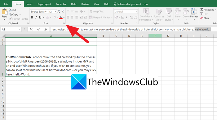 Configuración de fuente de Excel