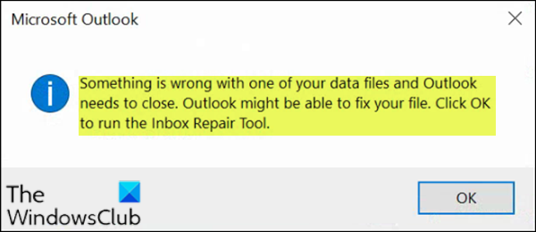 Hay algún problema con uno de sus archivos de datos y Outlook debe cerrarse