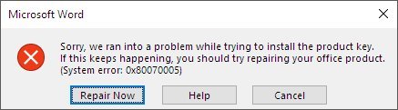 Error de activación de Microsoft Office 2016 0x80070005