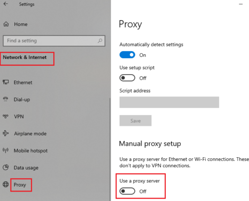 Eliminar la configuración del proxy del sistema