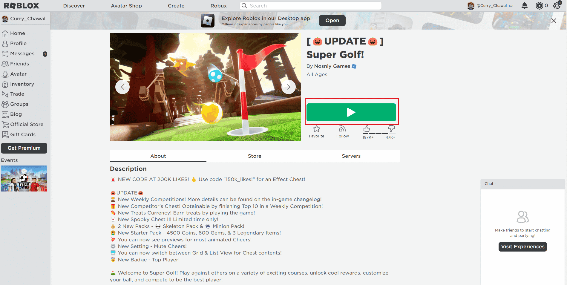Página del juego Roblox Super Gold