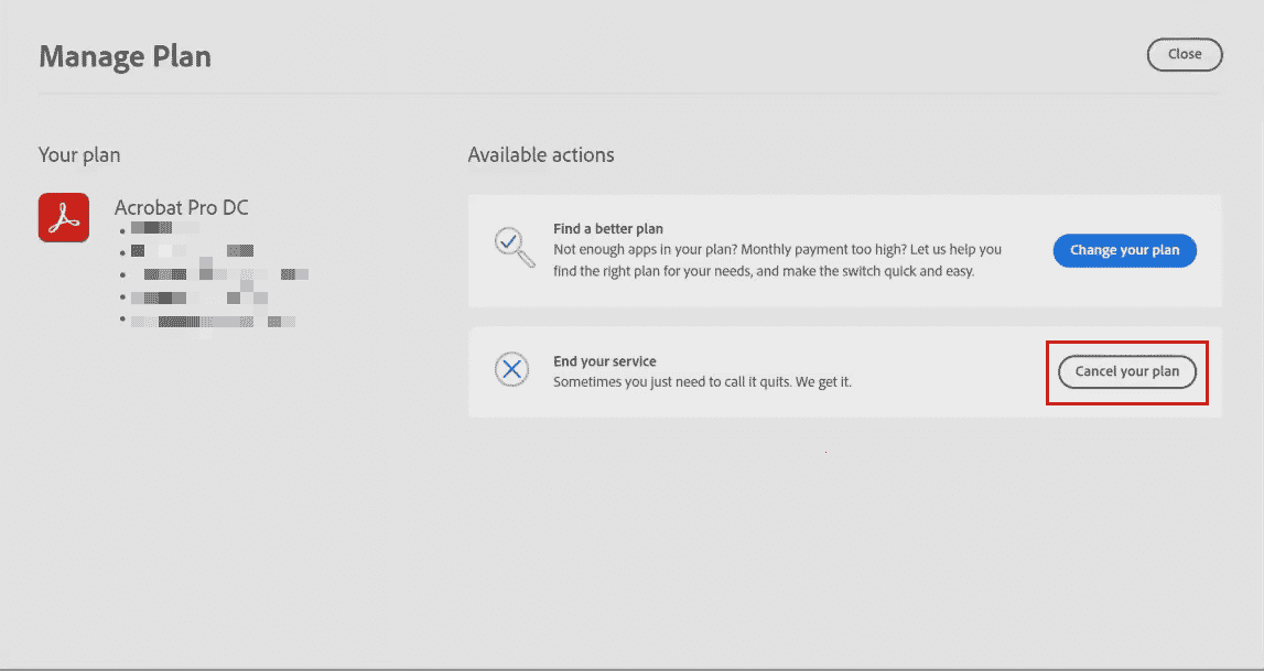 Haga clic en Cancelar su plan desde la opción Terminar su servicio
