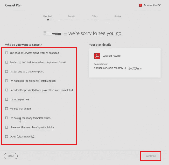 Seleccione los motivos deseados para su cancelación y haga clic en Continuar