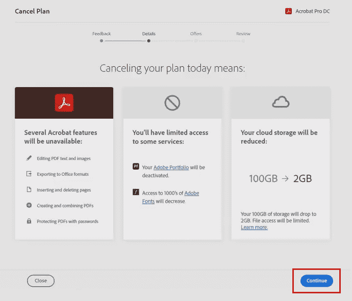 haga clic en Continuar desde la página Cancelar su plan hoy significa |  desinstalar Adobe en Windows 10