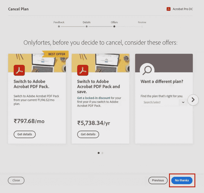 Haga clic en No, gracias en la página Considerar ofertas | 