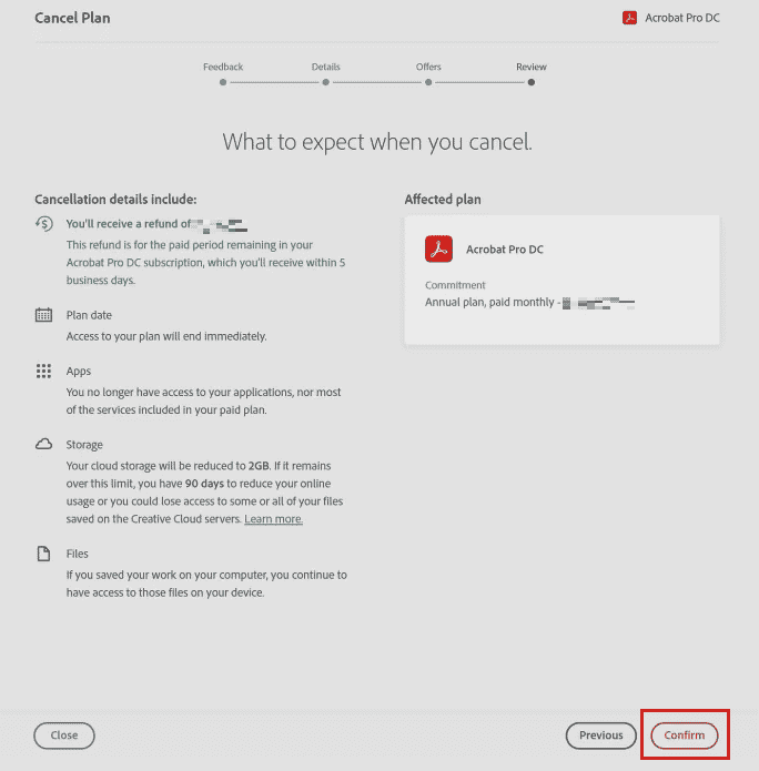 haga clic en Confirmar en la página de confirmación de la cancelación de su plan