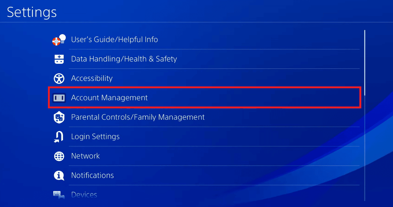 Seleccione Gestión de cuentas. Solucionar el error de PS4 CE 42555 1 problema
