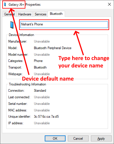 cambiar el nombre del dispositivo Bluetooth de Windows 10