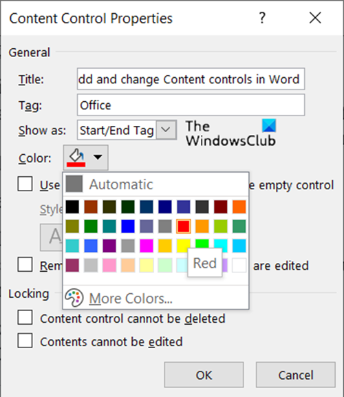 Propiedades de control de contenido