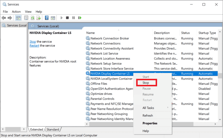 detener el servicio NVIDIA Display Container LS