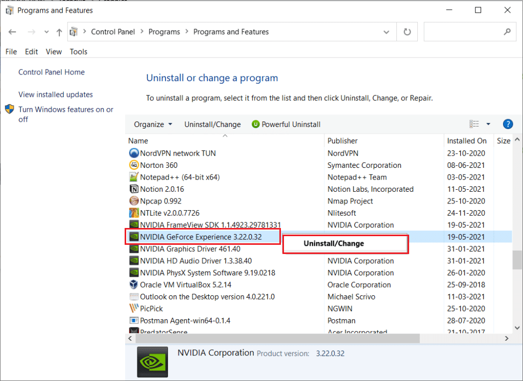 desinstalar experiencia nvidia geforce