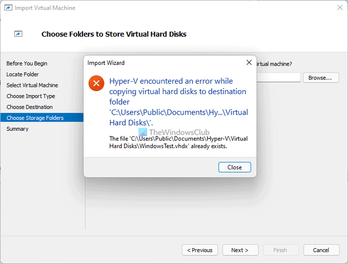Hyper-V encontró un error al copiar discos duros virtuales a la carpeta de destino
