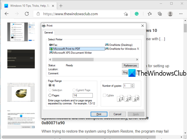Habilite el cuadro de diálogo de impresión del sistema en Microsoft Edge