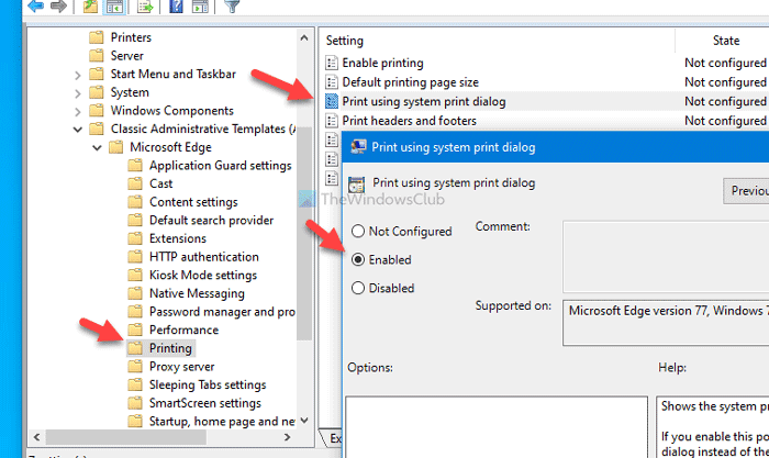 ¿Cómo habilito o deshabilito el cuadro de diálogo de impresión del sistema en Edge?