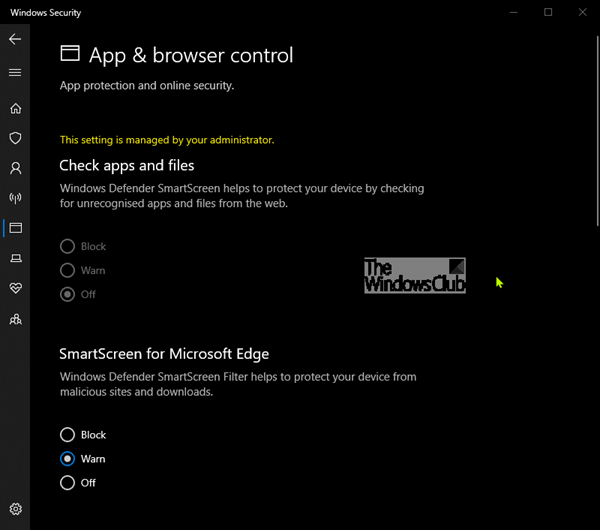 Control de aplicaciones y navegador de Windows 10