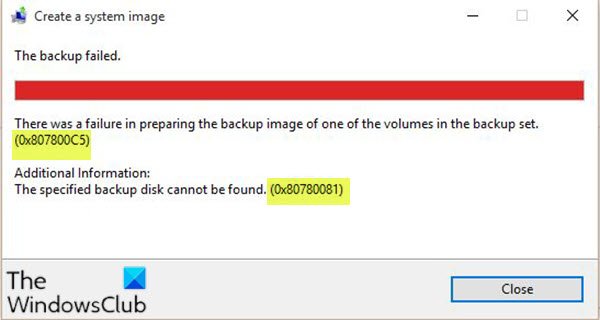 Errores de copia de seguridad de la imagen del sistema 0x807800C5 y 0x80780081