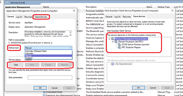Información de servicios de Windows 10