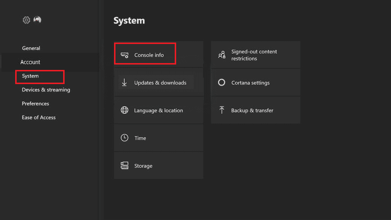 seleccione la opción del sistema y luego la información de la consola en xbox one.  Solucionar el error de Xbox One 0x80a40019