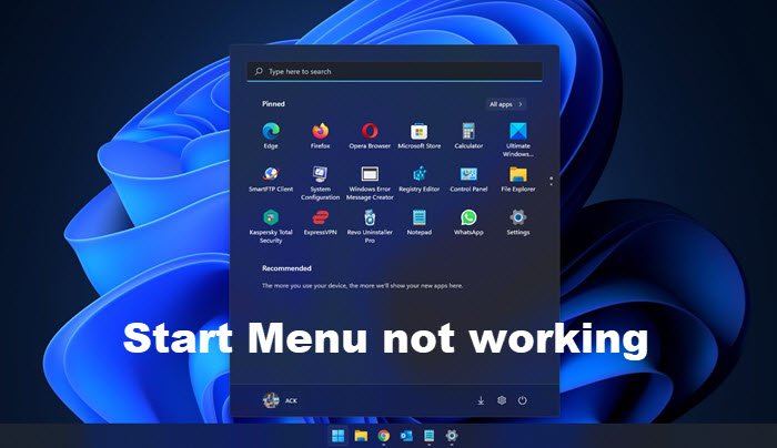 El menú Inicio no funciona en Windows 11