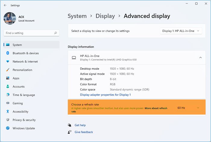 Cambiar la frecuencia de actualización del monitor en Windows
