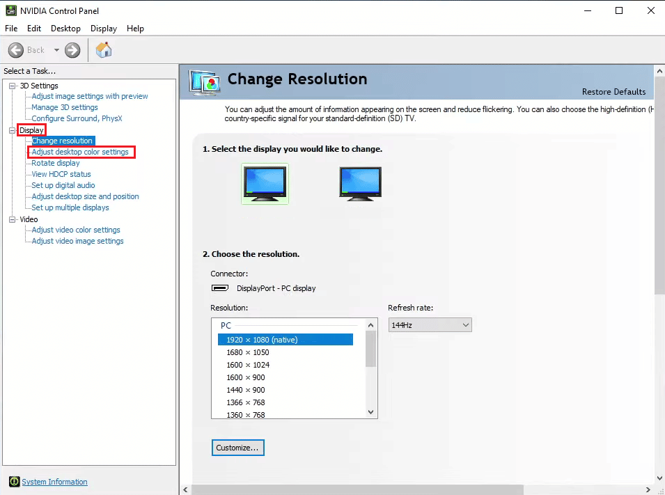 en Pantalla, haga clic en Ajustar la configuración de color del escritorio | aumentar la vitalidad en Valorant