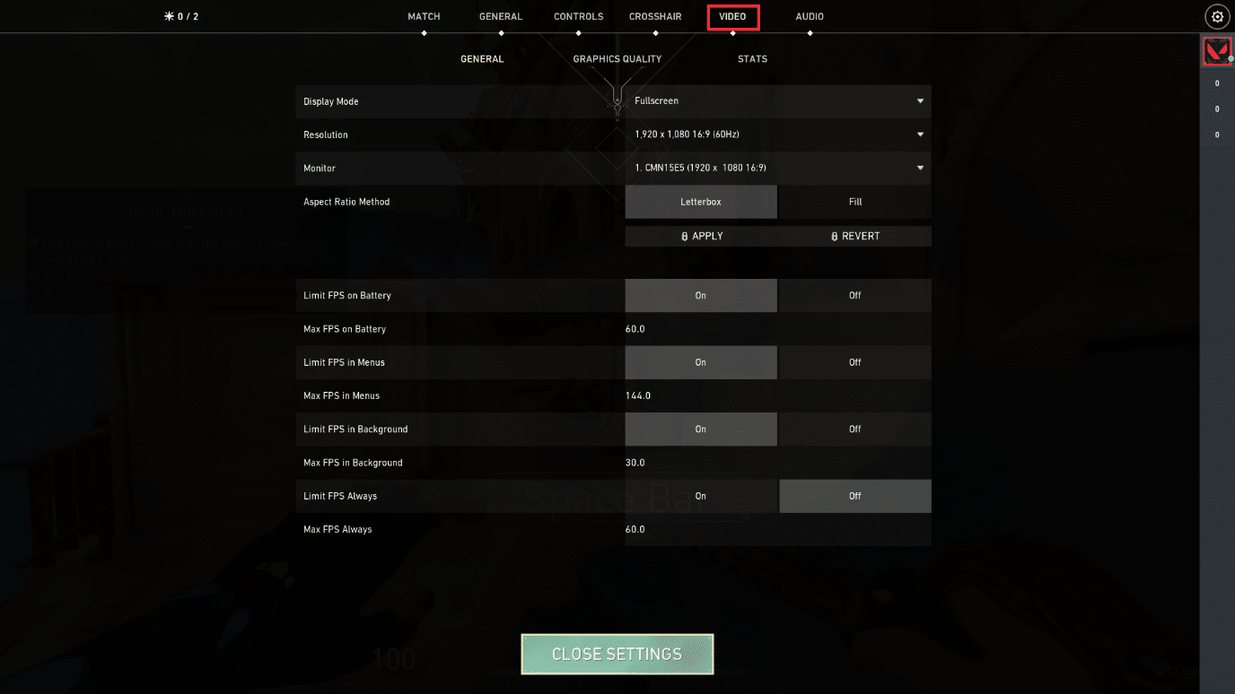 Abra la página Configuración. Seleccione la pestaña Video de la barra de menú superior | Cómo usar la vitalidad digital en Valorant