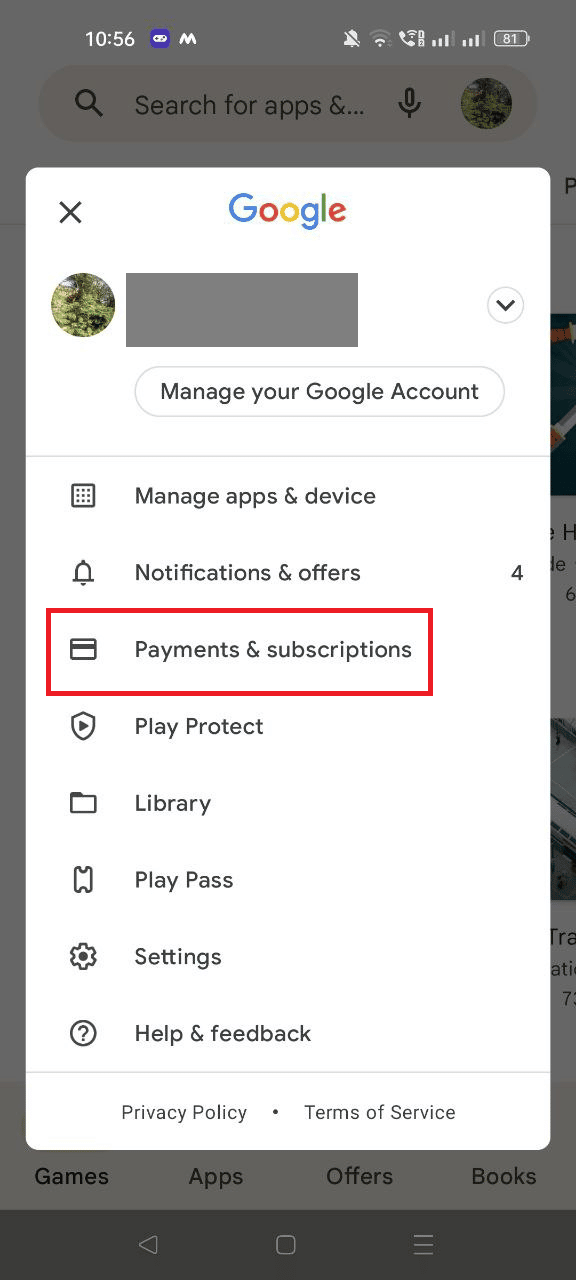 Seleccione Pagos y suscripciones |  cancelar una aplicación de Starbucks