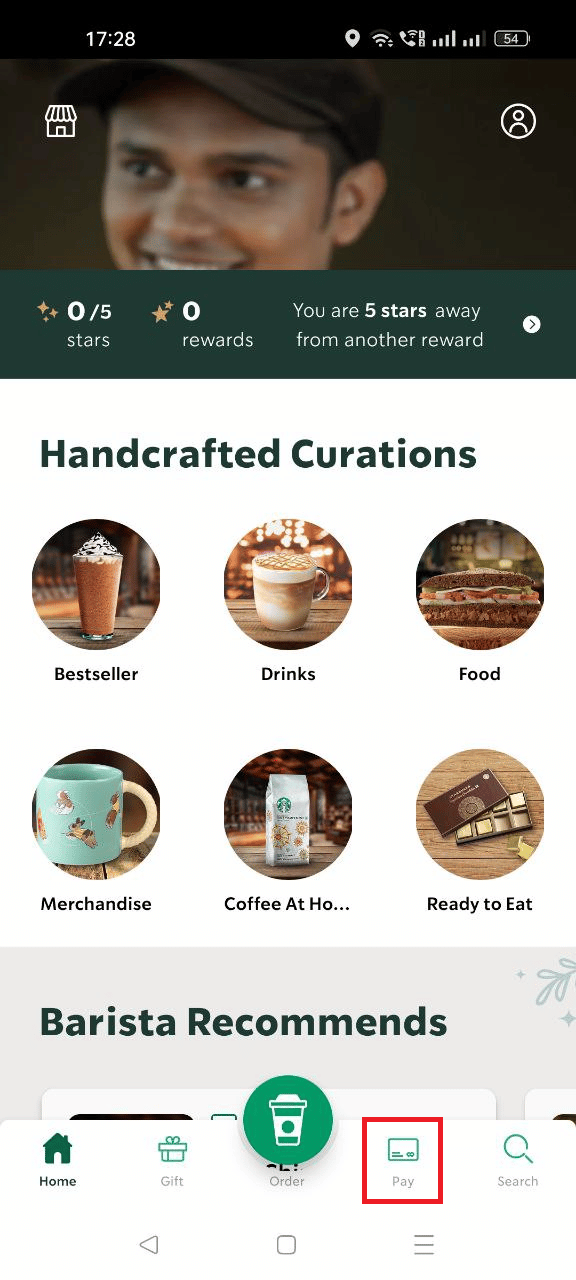 Toque la pestaña Pagar en la parte inferior para abrir la ventana de Pago de Starbucks |  cancelar una aplicación de Starbucks |  pide Starbucks en la tienda equivocada