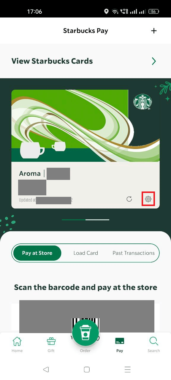 toque el icono de engranaje de Configuración en la esquina inferior derecha de la tarjeta de Starbucks |  Cómo eliminar una cuenta de Starbucks