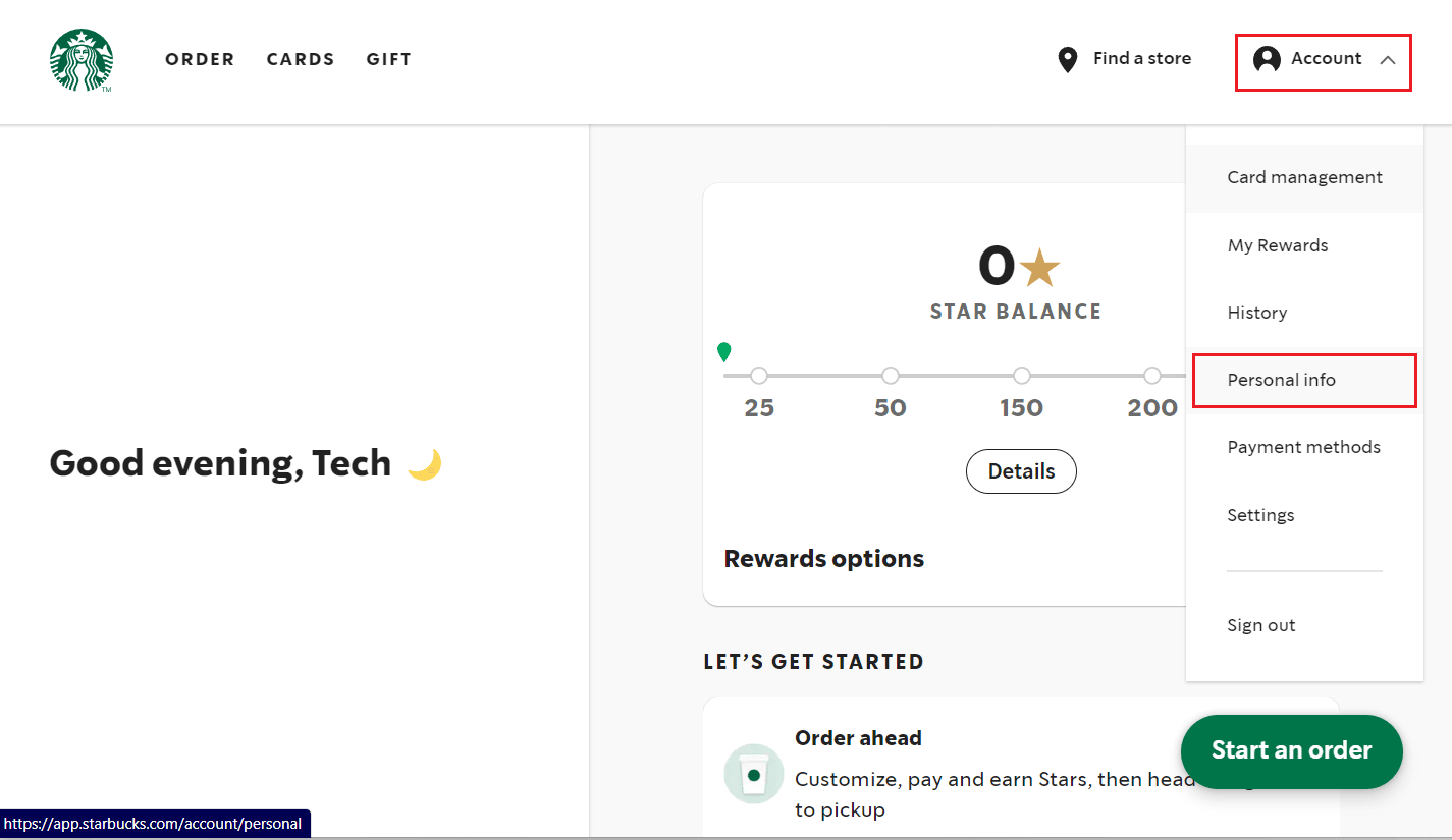 Haga clic en Cuenta - Información personal |  Cómo eliminar una cuenta de Starbucks