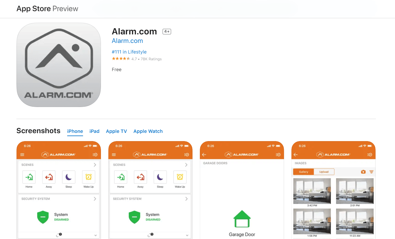 Tienda de aplicaciones Alarm.com |  conecte su mini cámara SQ11 a su teléfono