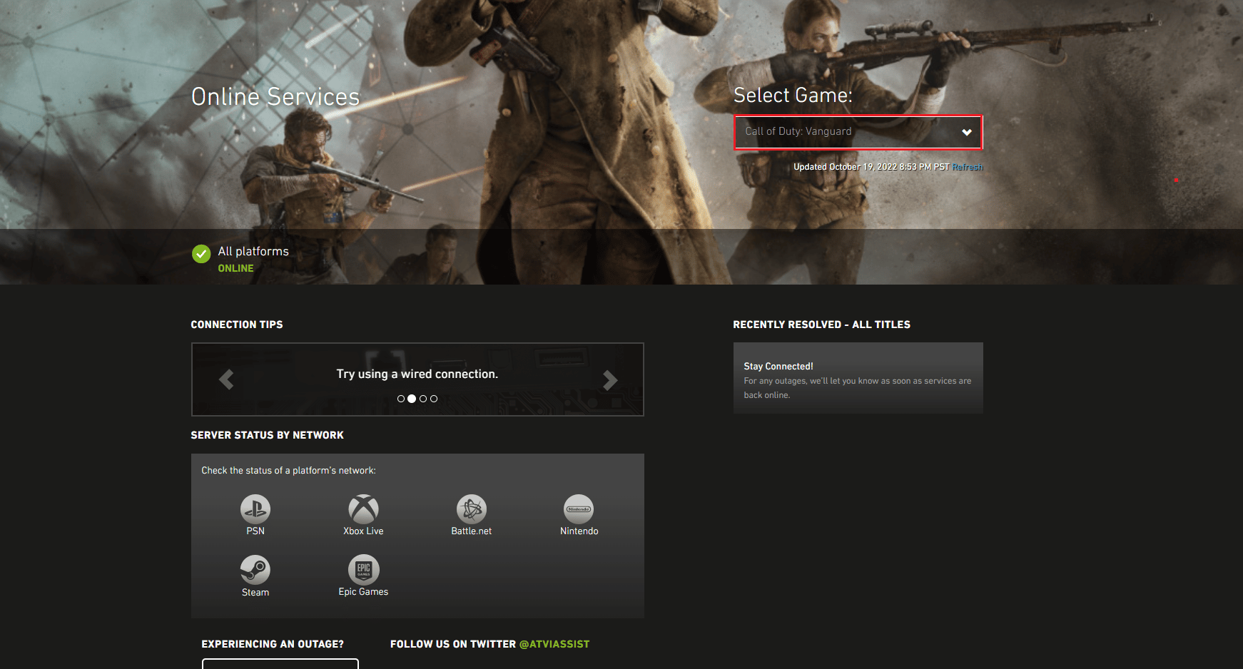 Página de estado del servidor de Call of Duty Vanguard.  Solucionar el error 6032 de Call of Duty Vanguard Dev en Xbox